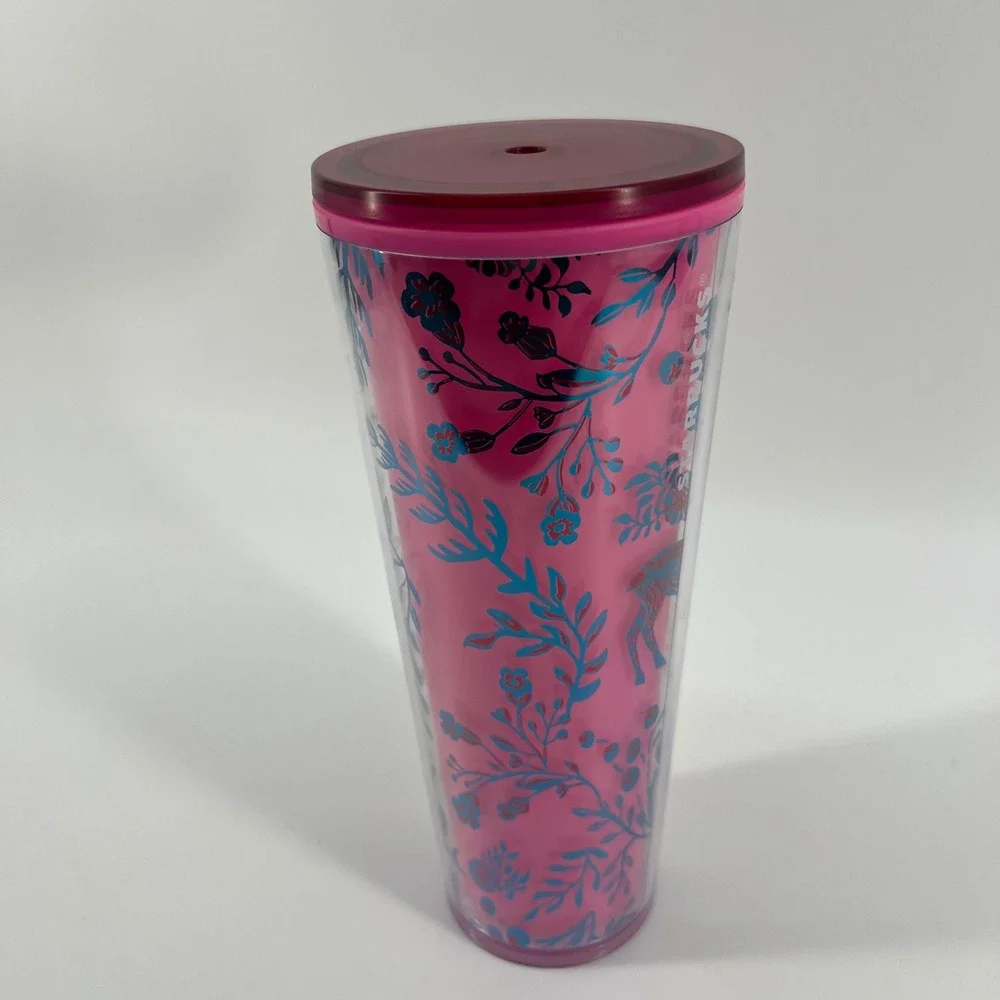 Starbucks Tumbler Pink Plastic Cold Cup 24 oz 2022 Color‎ Changing Woodland Lace